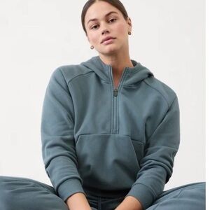 Athleta Size XL Teal Green Forever Fleece 1/2 Zip Cropped Hoodie Long Sleeve